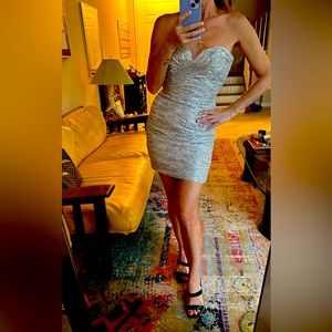 1990s Vicky Tiel Size 2 Silver  Lace Vintage 90s Strapless dress